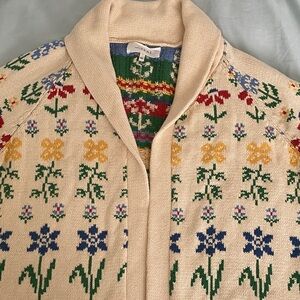 THE GREAT. Cream Floral Knit Cardigan with Blue, Yellow & Green Motif